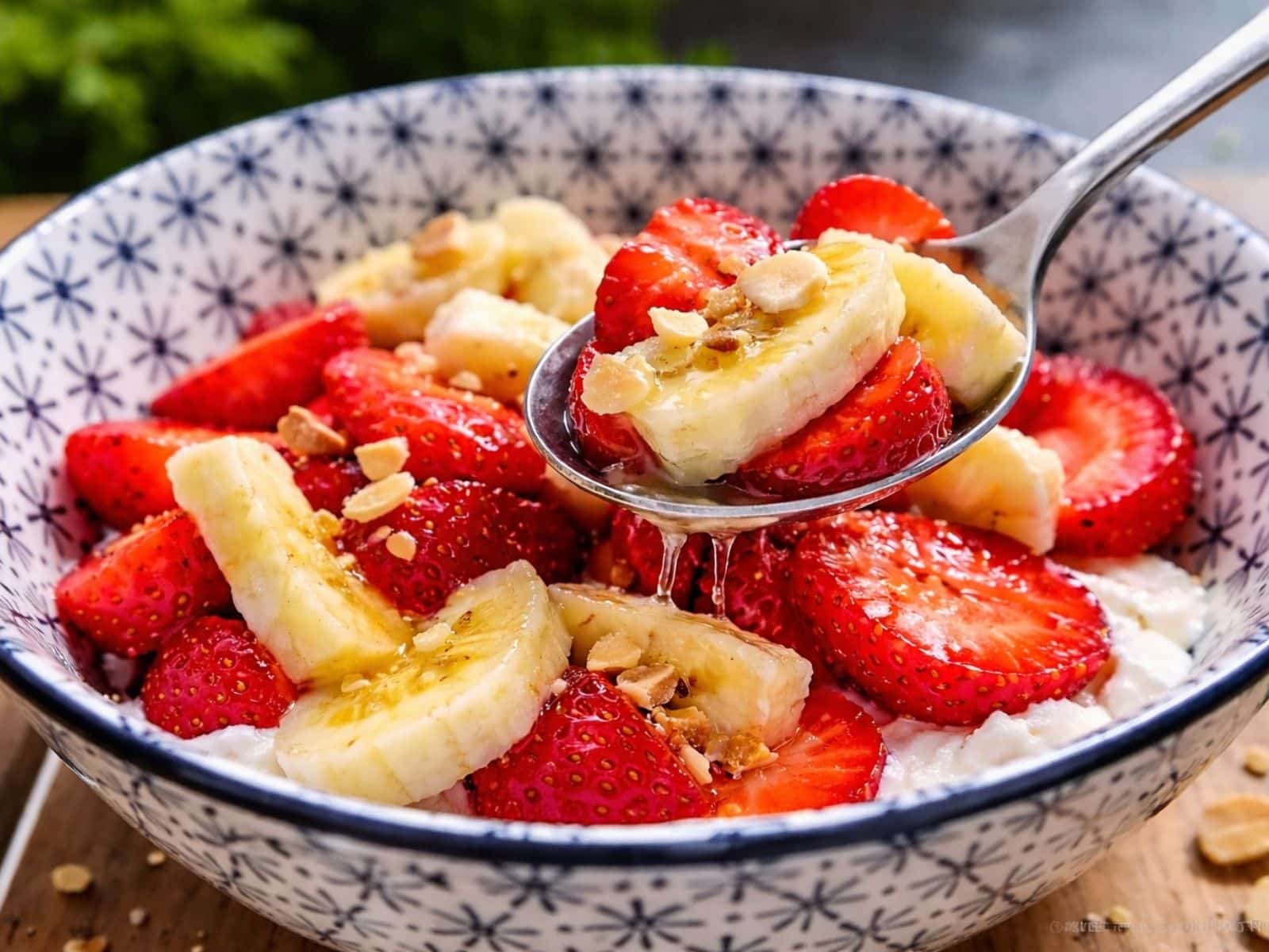 Quark mit Erdbeeren und Bananen in einer Schüssel