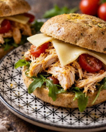 Saftiger Pulled Chicken Burger mit Mangosoße