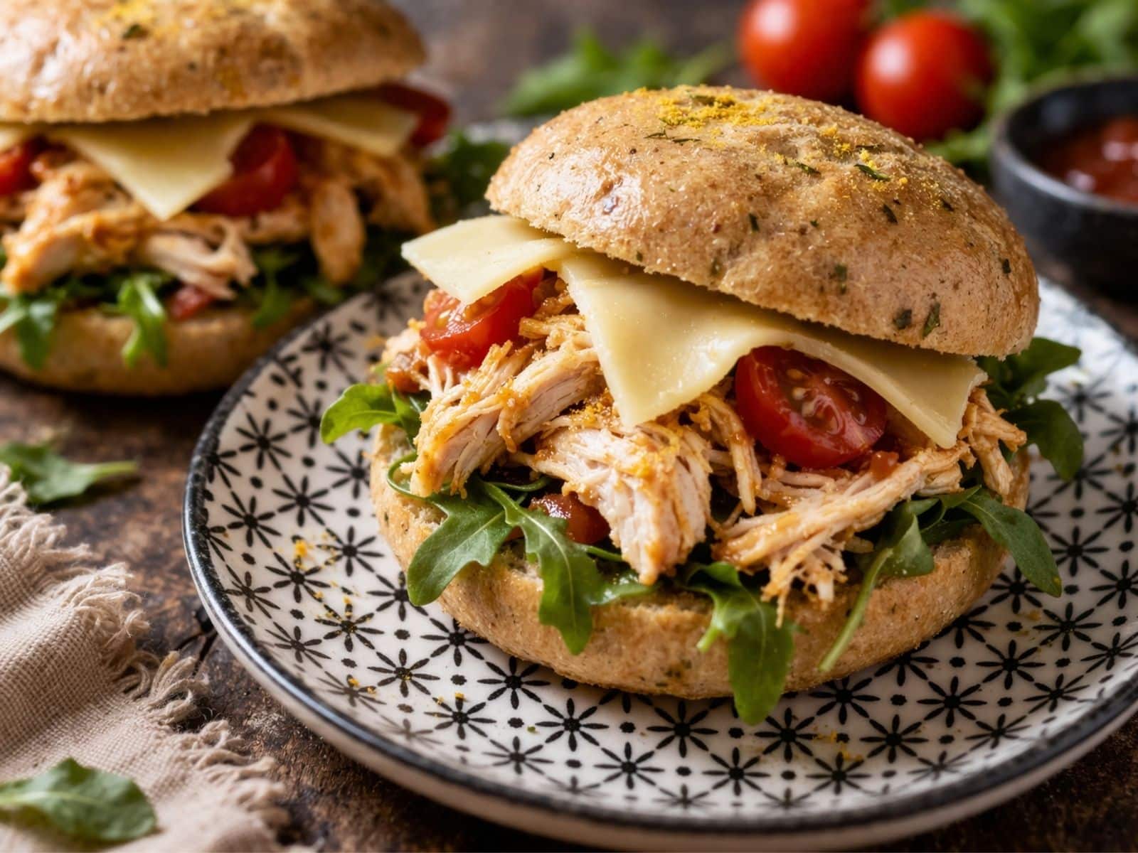 Saftiger Pulled Chicken Burger mit Mangosoße