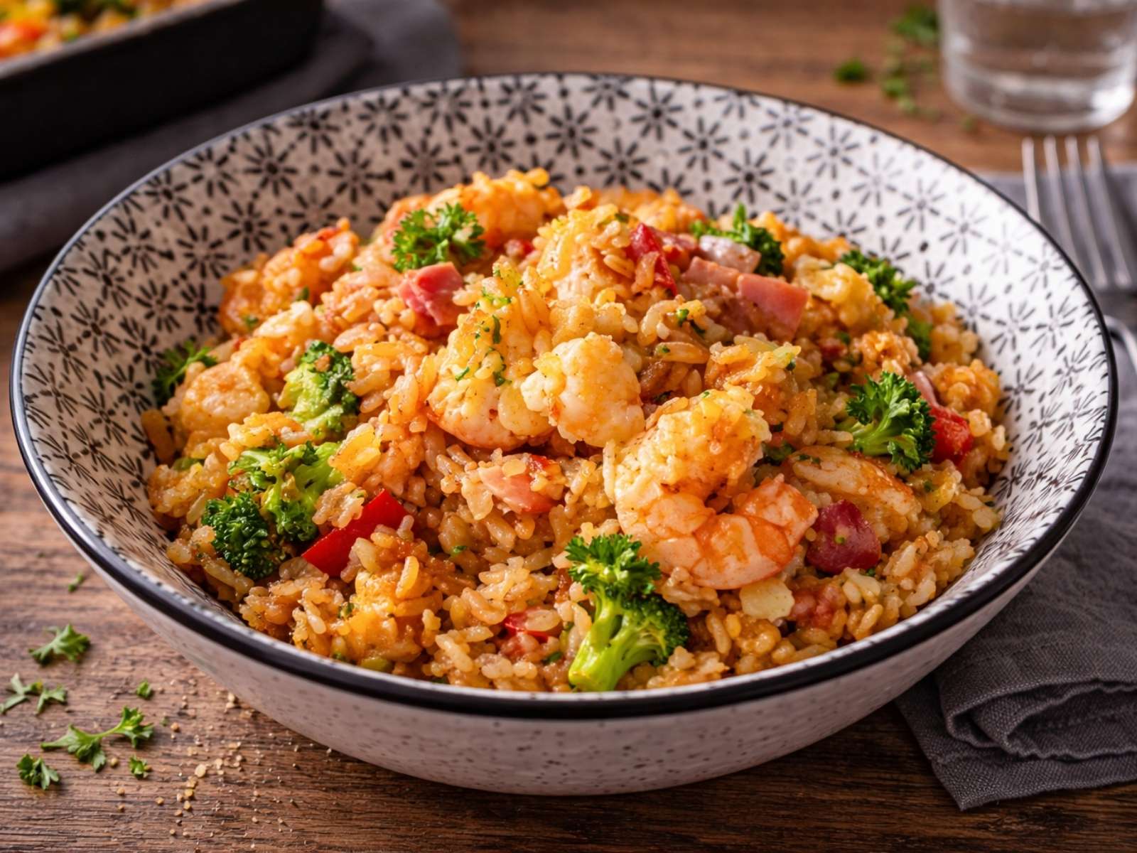 Reispfanne mit Garnelen, Gemüse und Ei in einer Schüssel