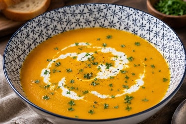 Kürbiscremesuppe mit einem Schuss Sahne in einem Suppenteller