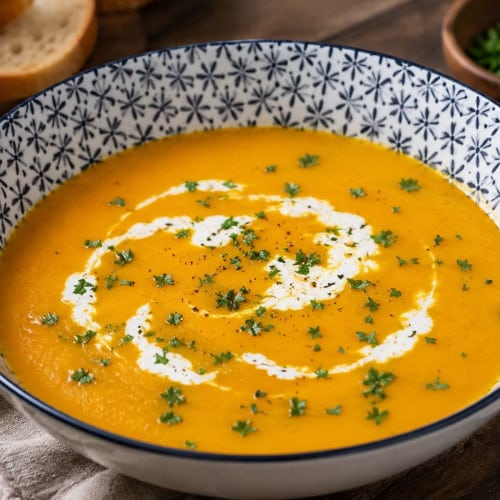 Kürbiscremesuppe mit einem Schuss Sahne in einem Suppenteller