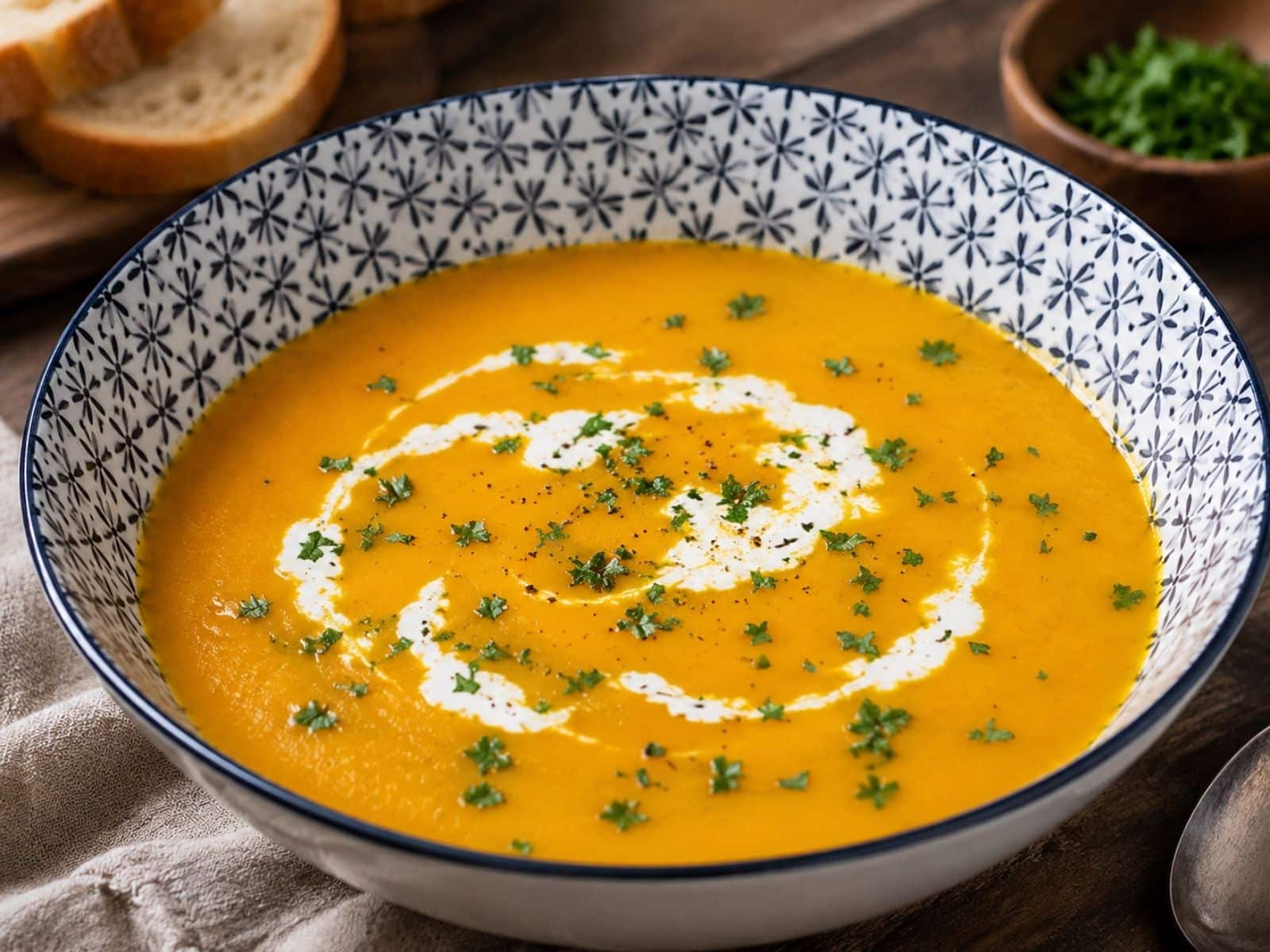 Kürbiscremesuppe mit einem Schuss Sahne in einem Suppenteller