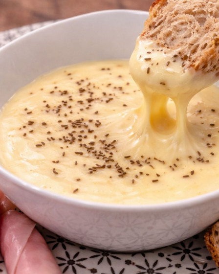 Kochkäse mit Brot in einem Schälchen mit Kochschinken, Brot und Salatgurke