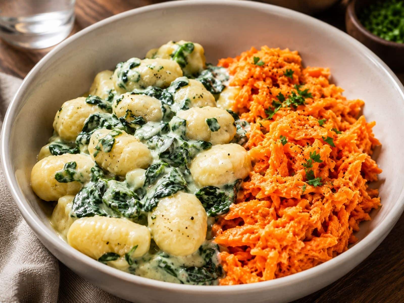 Cremige Gnocchi mit Spinat und Möhrensalat auf einem Teller