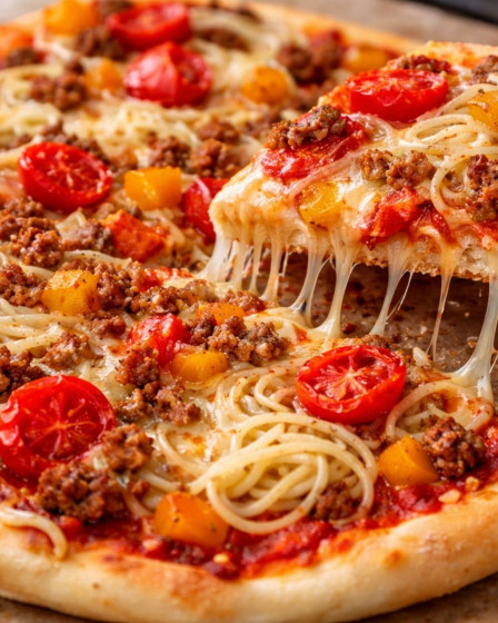 Spaghettipizza mit Hackfleisch vom Blech