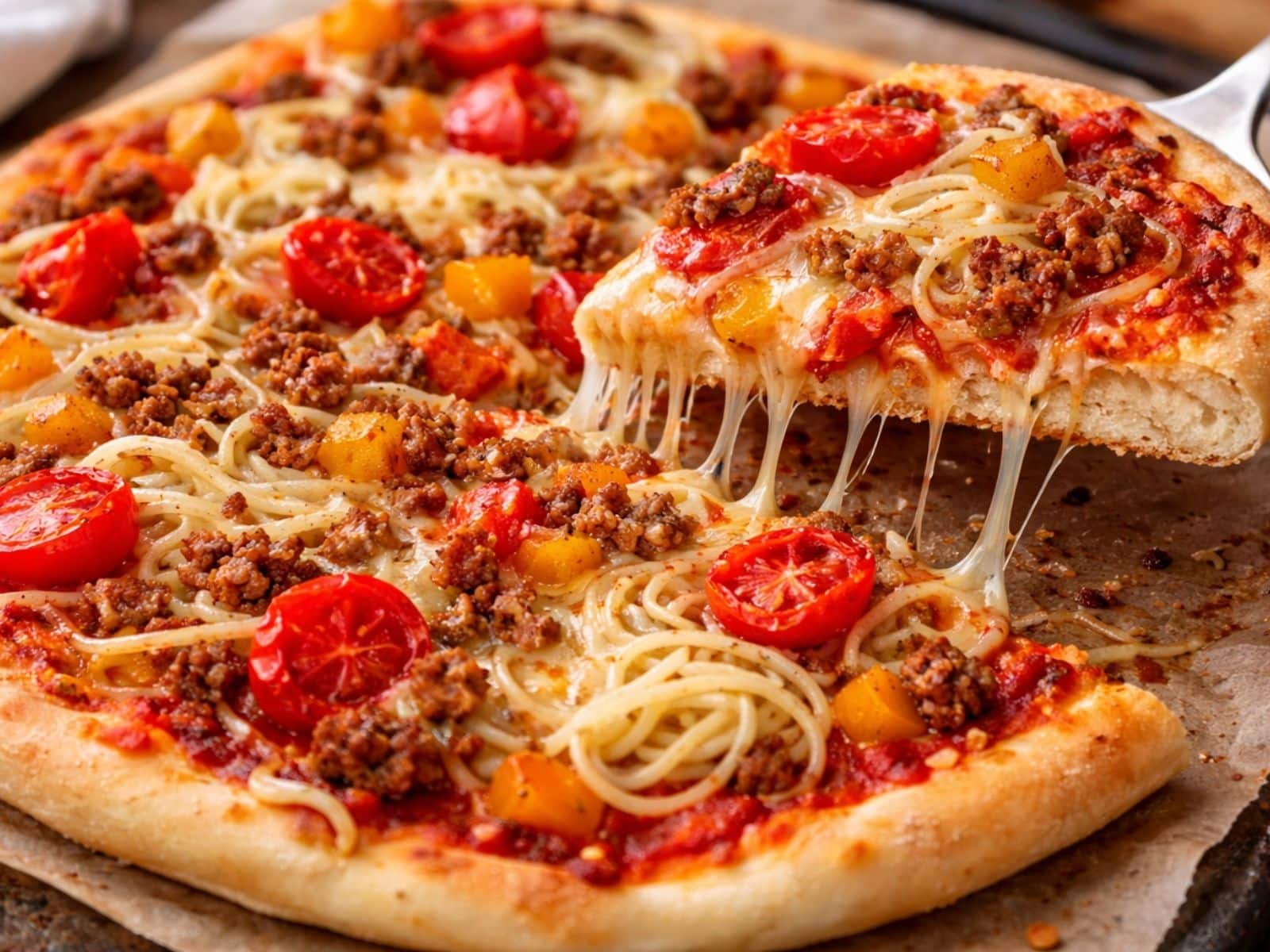 Spaghettipizza mit Hackfleisch vom Blech