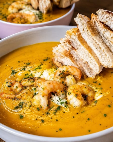 Kürbissuppe mit Schrimps und Brotspieß auf einem Teller.