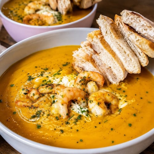 Kürbissuppe mit Schrimps und Brotspieß auf einem Teller.