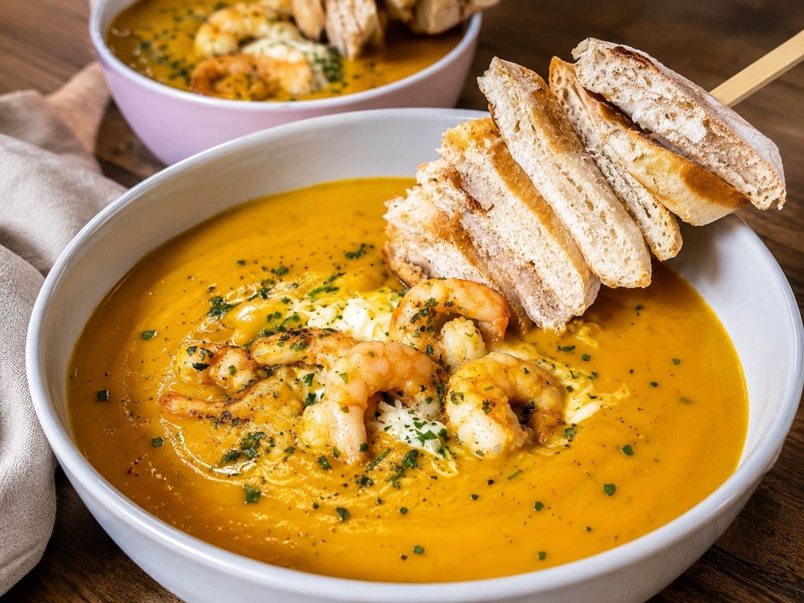Kürbissuppe mit Schrimps und Brotspieß auf einem Teller.