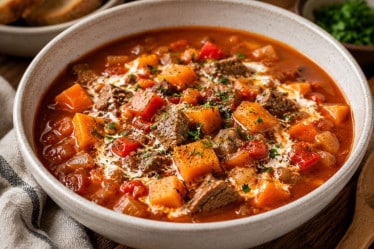 Süsskartoffeleintopf mir Rindfleisch in einem Suppenteller