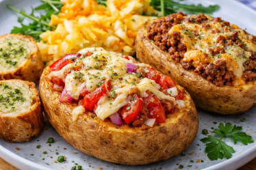 Ofenkartoffeln mit Tomate und Mozzarella sowie Hackfleisch und Käse überbacken