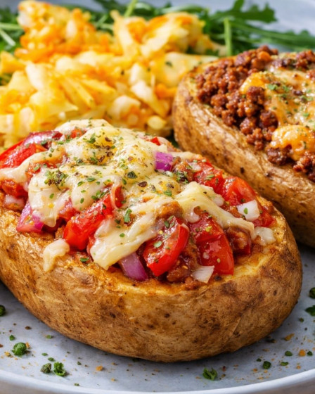 Ofenkartoffeln mit Tomate und Mozzarella sowie Hackfleisch und Käse überbacken