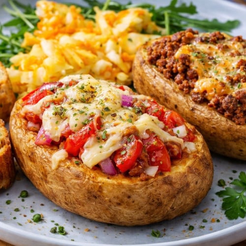 Ofenkartoffeln mit Tomate und Mozzarella sowie Hackfleisch und Käse überbacken