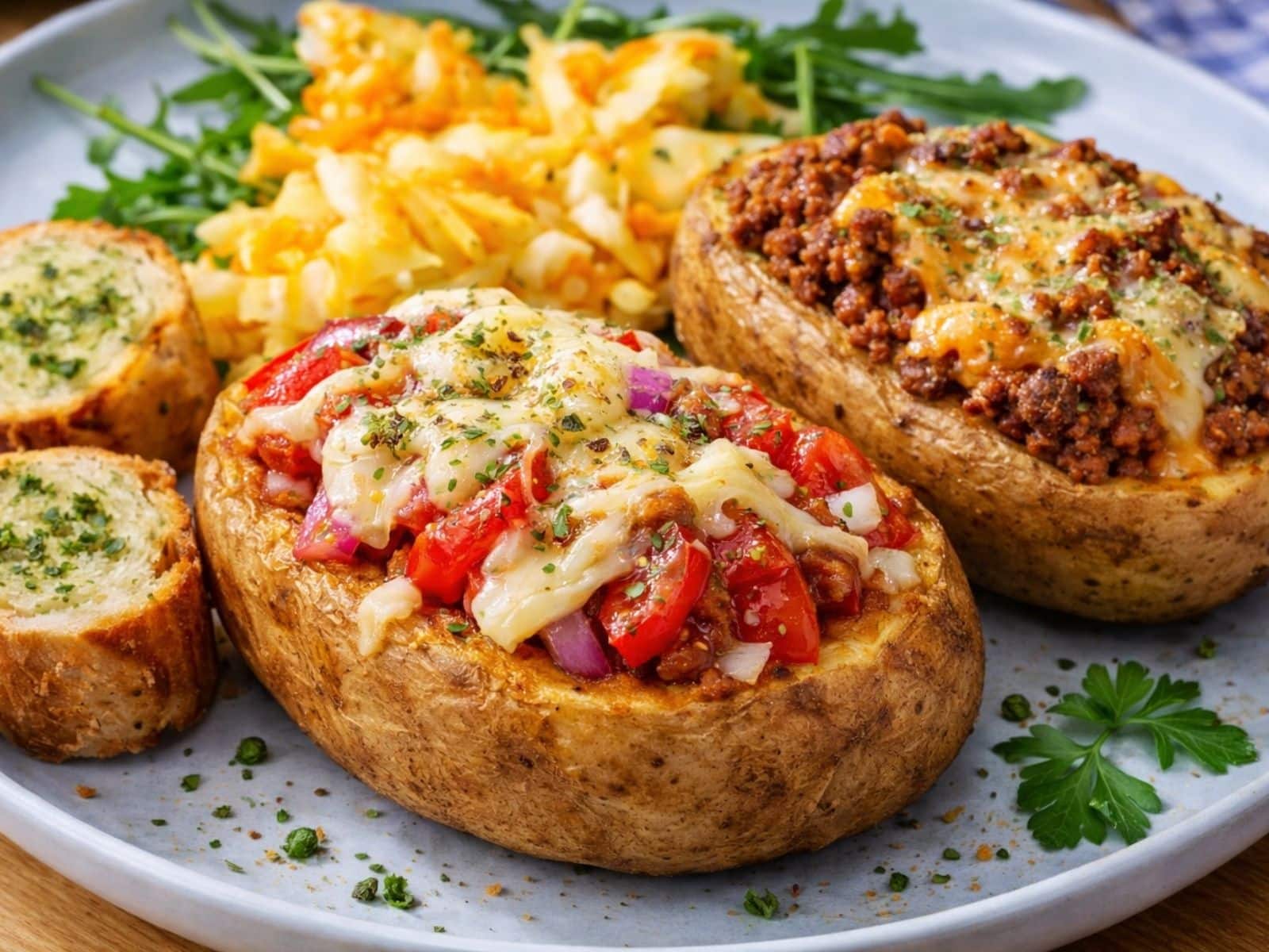 Ofenkartoffeln mit Tomate und Mozzarella sowie Hackfleisch und Käse überbacken