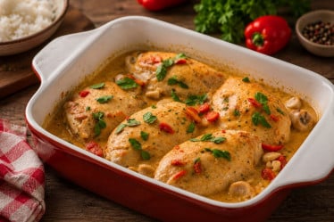 Paprika-Sahne-Hähnchen in einer Auflaufform