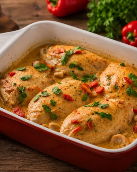 Paprika-Sahne-Hähnchen in einer Auflaufform