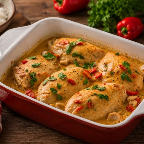 Paprika-Sahne-Hähnchen in einer Auflaufform
