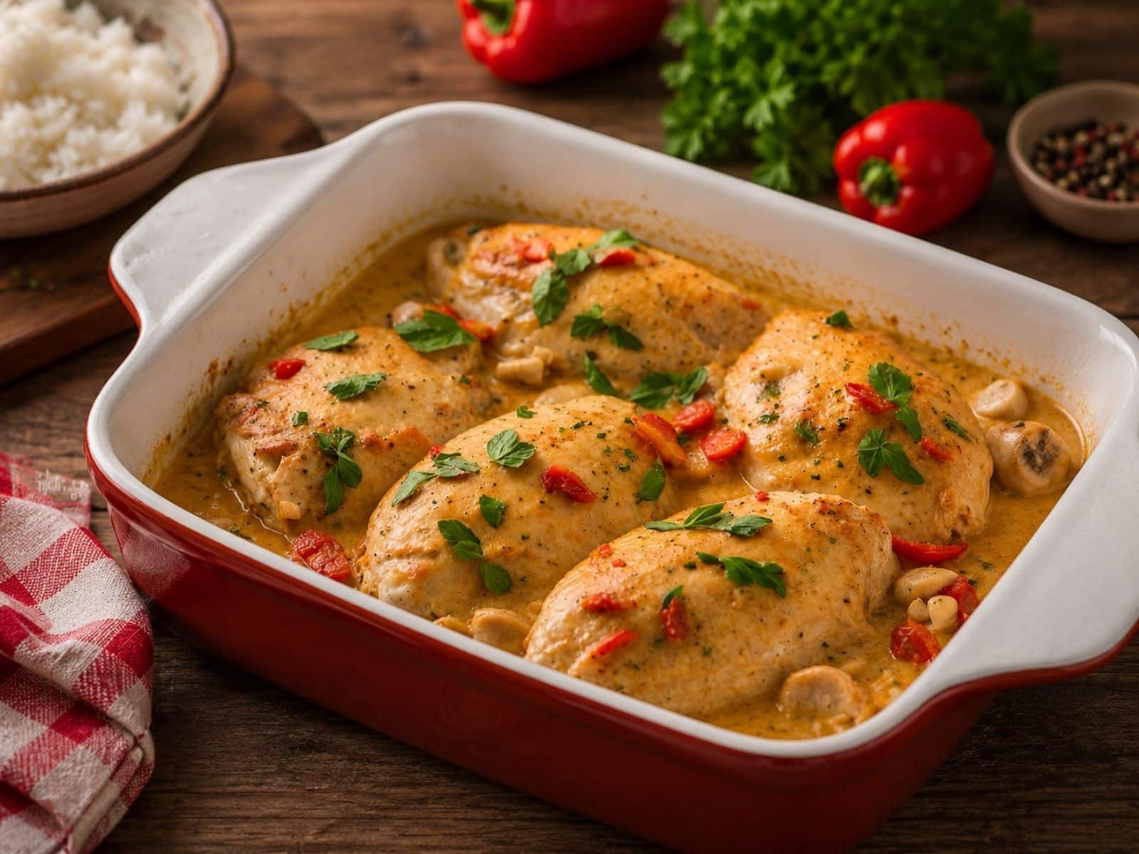 Paprika-Sahne-Hähnchen in einer Auflaufform