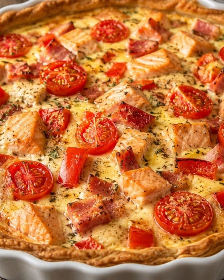 Quiche mit Lachs, Paprika, Tomaten und Schinken in einer Auflaufform
