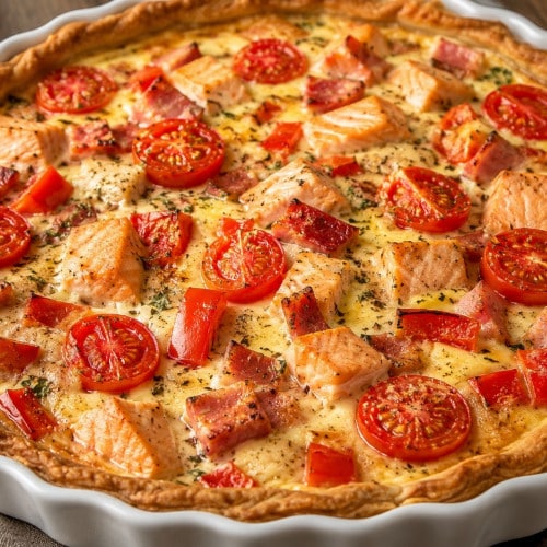 Quiche mit Lachs, Paprika, Tomaten und Schinken in einer Auflaufform