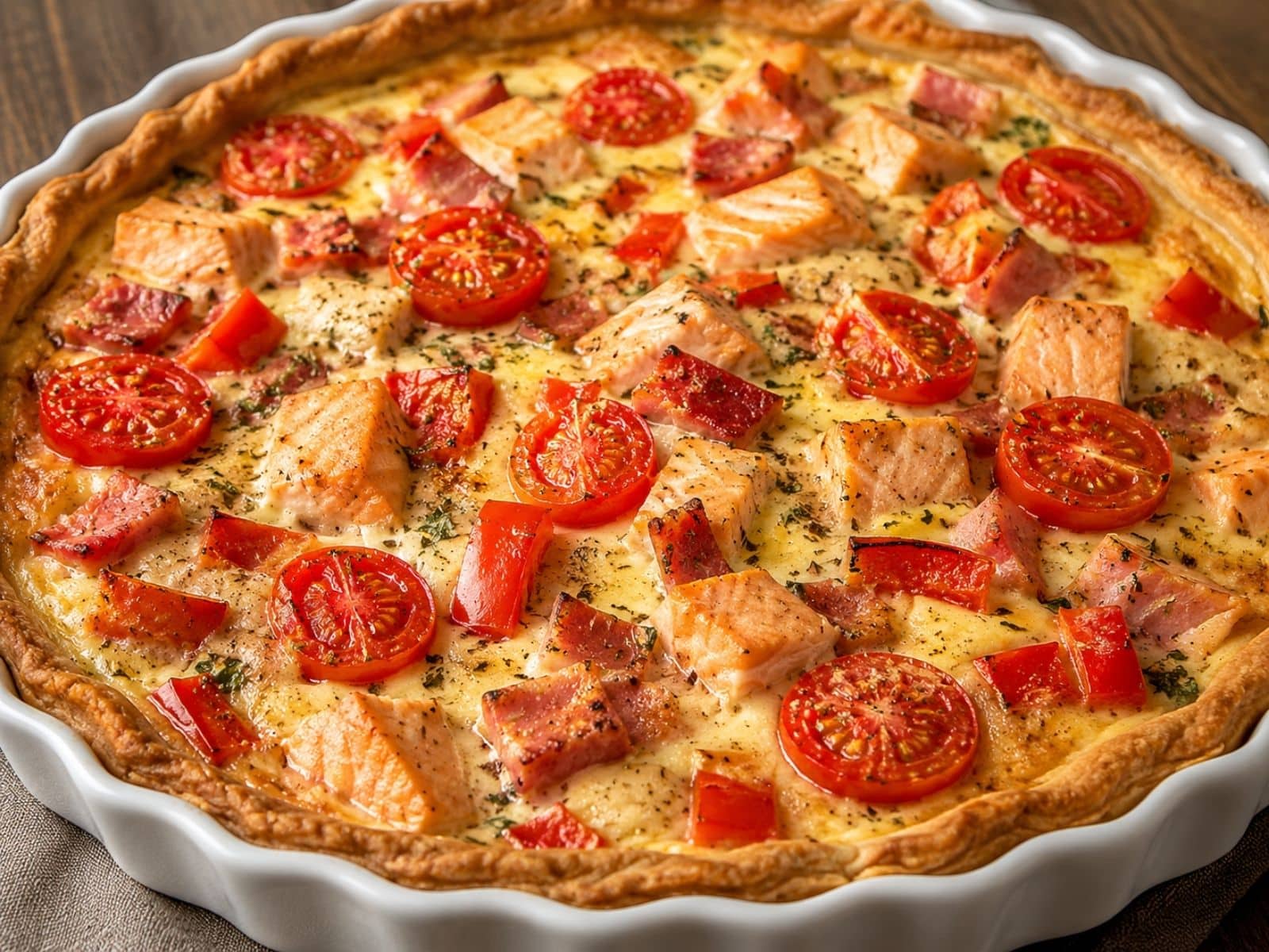 Quiche mit Lachs, Paprika, Tomaten und Schinken in einer Auflaufform