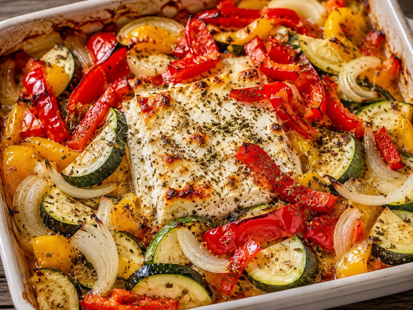Überbackener Schafskäse mit Paprika und Zucchini