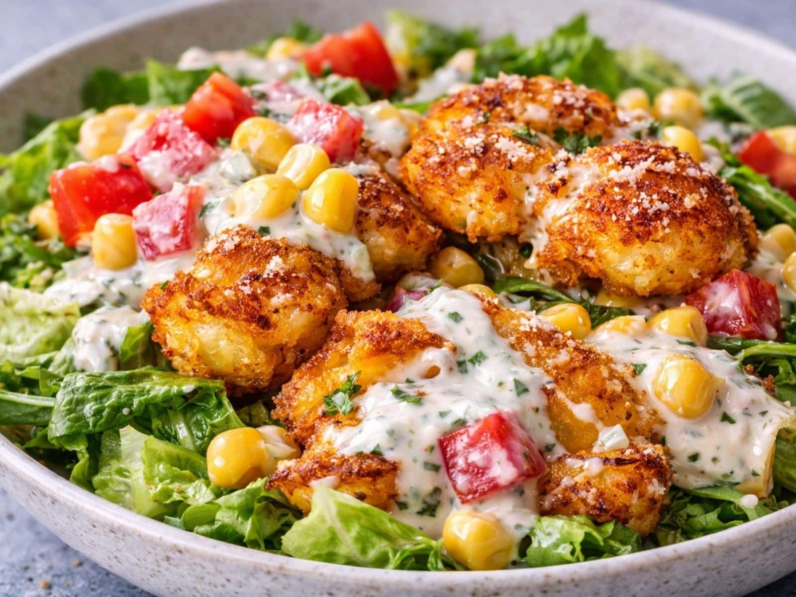 Smashed-Potatoe-Salat mit Dressing auf einem Teller
