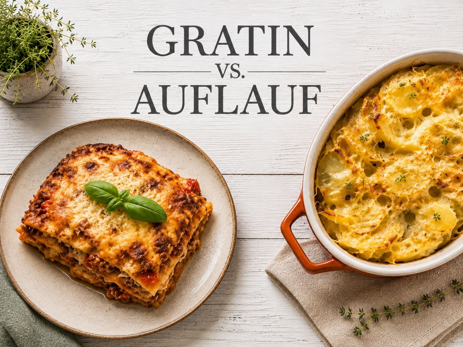 Gartin und Auflauf auf einer Holzfläche