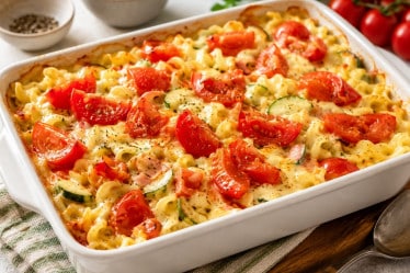 Nudelauflauf mit Zucchini und Tomate in Senfsoße in einer Auflaufform