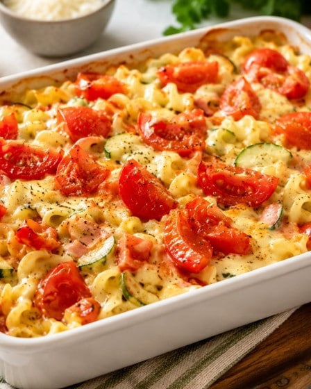 Nudelauflauf mit Zucchini und Tomate in Senfsoße in einer Auflaufform