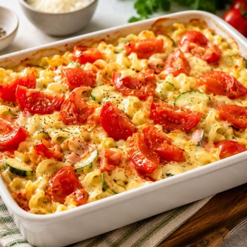 Nudelauflauf mit Zucchini und Tomate in Senfsoße in einer Auflaufform