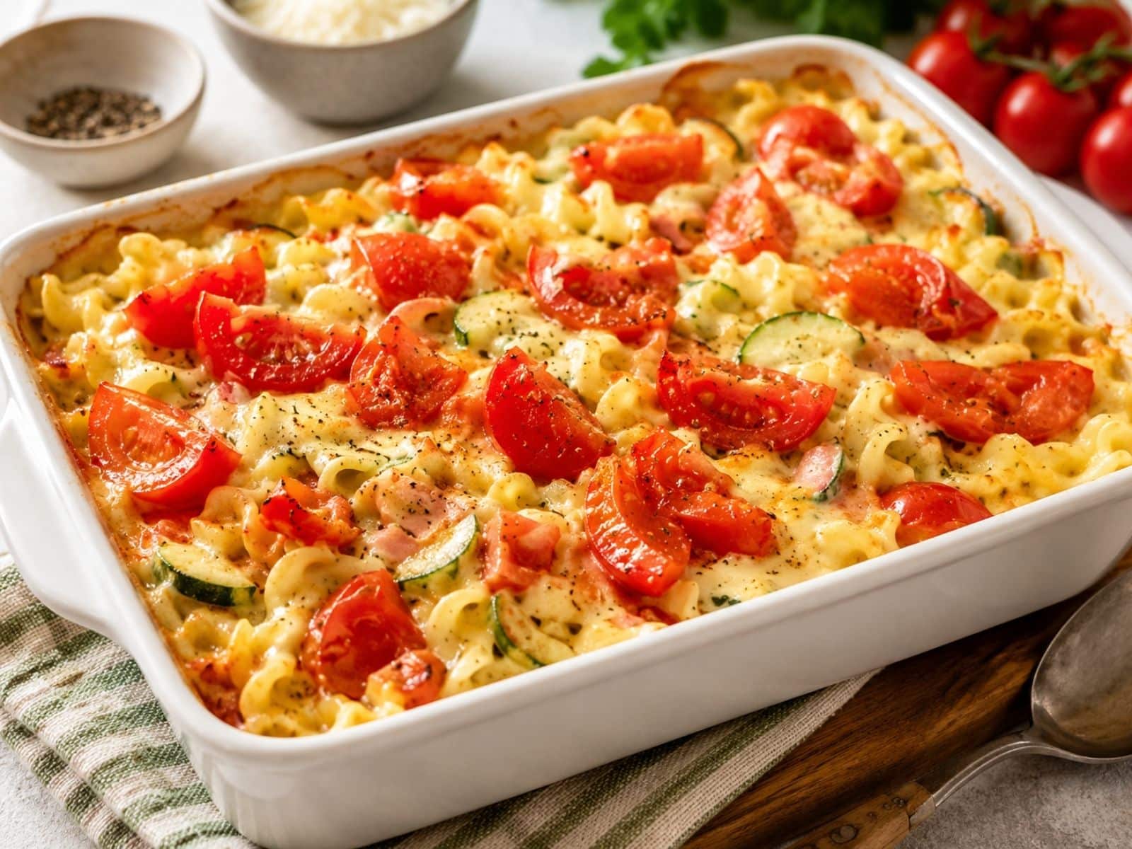 Nudelauflauf mit Zucchini und Tomate in Senfsoße in einer Auflaufform