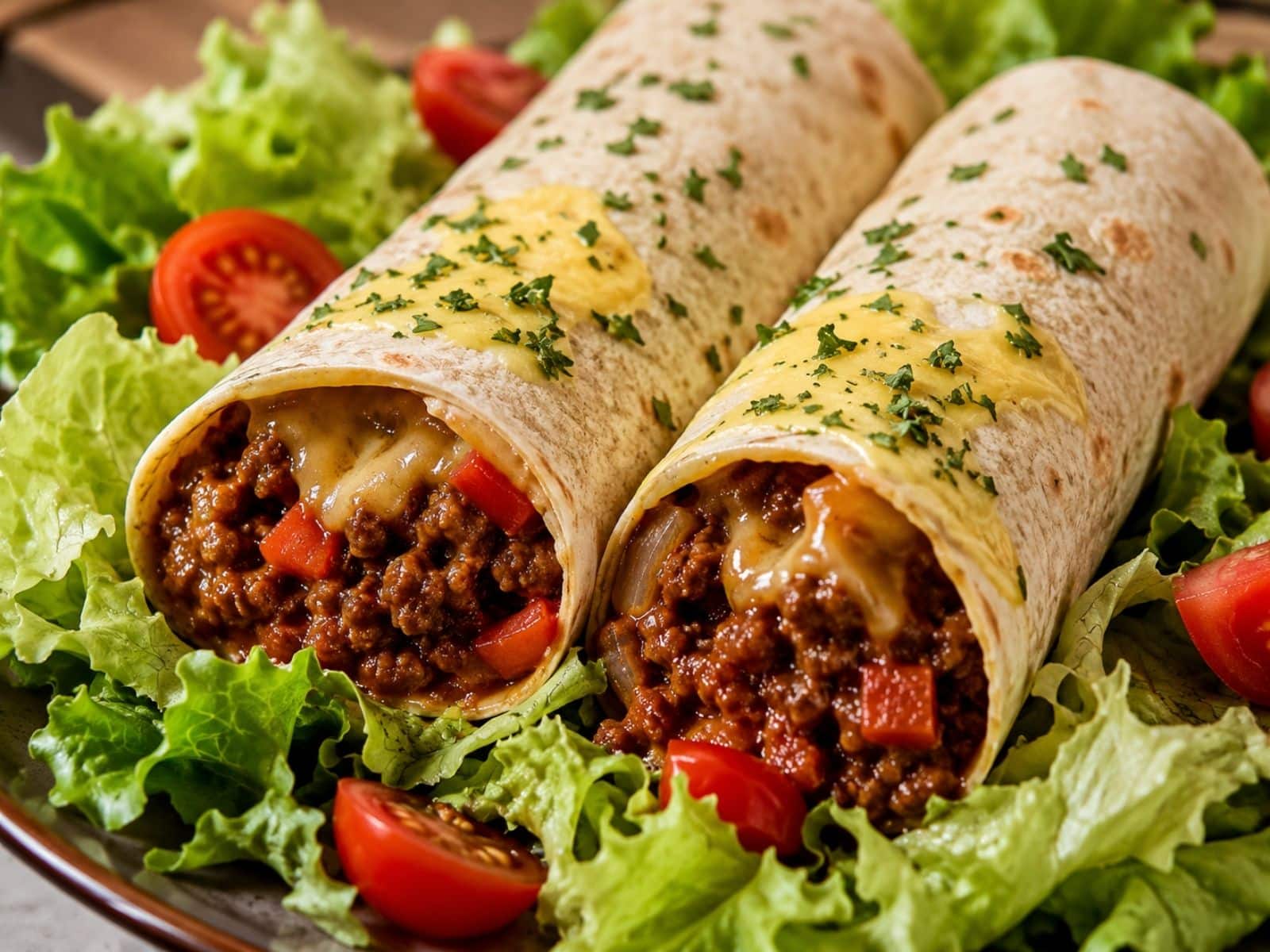 Wraps mit Hack auf einem Salatbeet