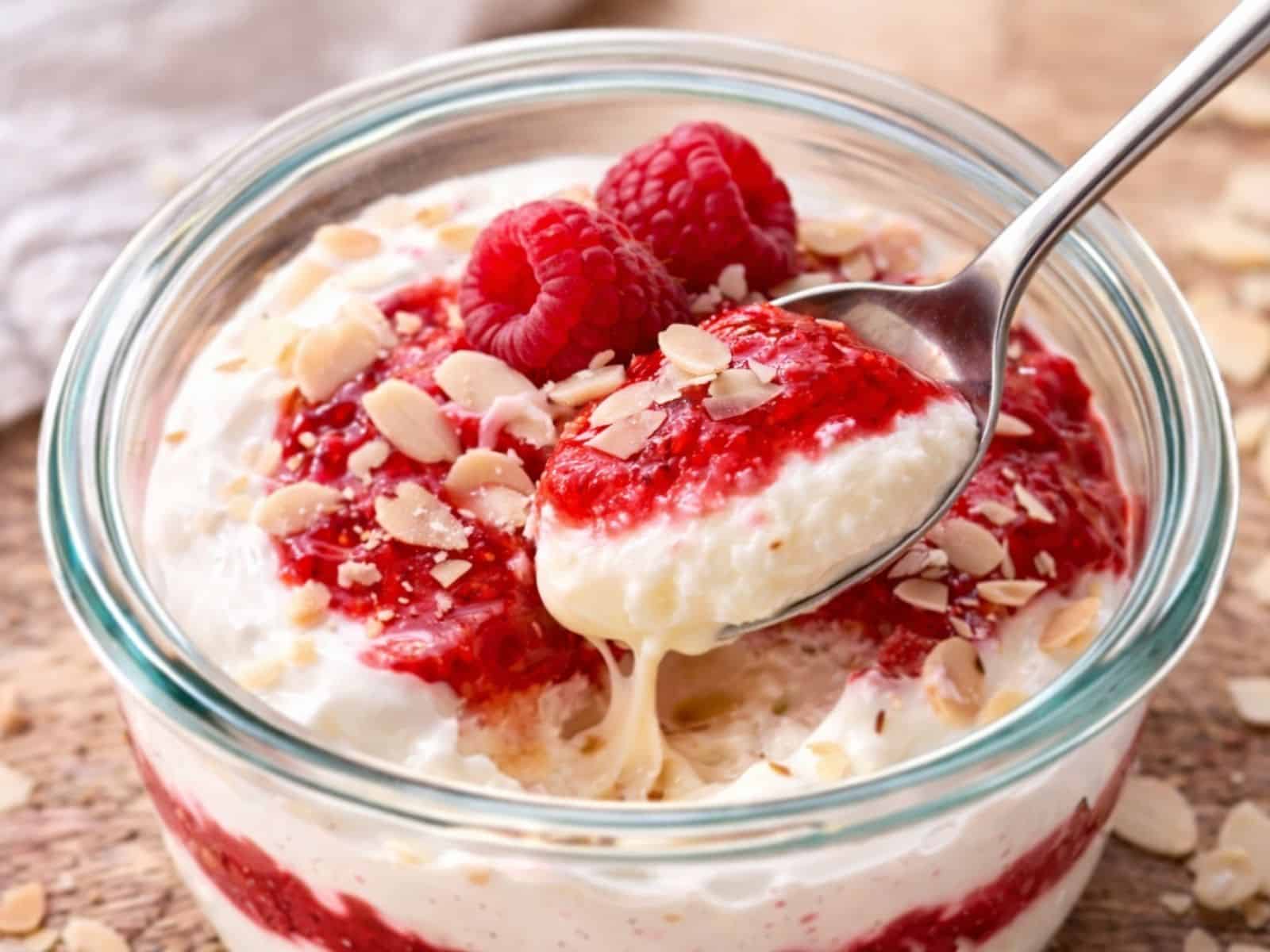 Joghurt-Sahne-Creme mit Himbeermousse in einem Glas