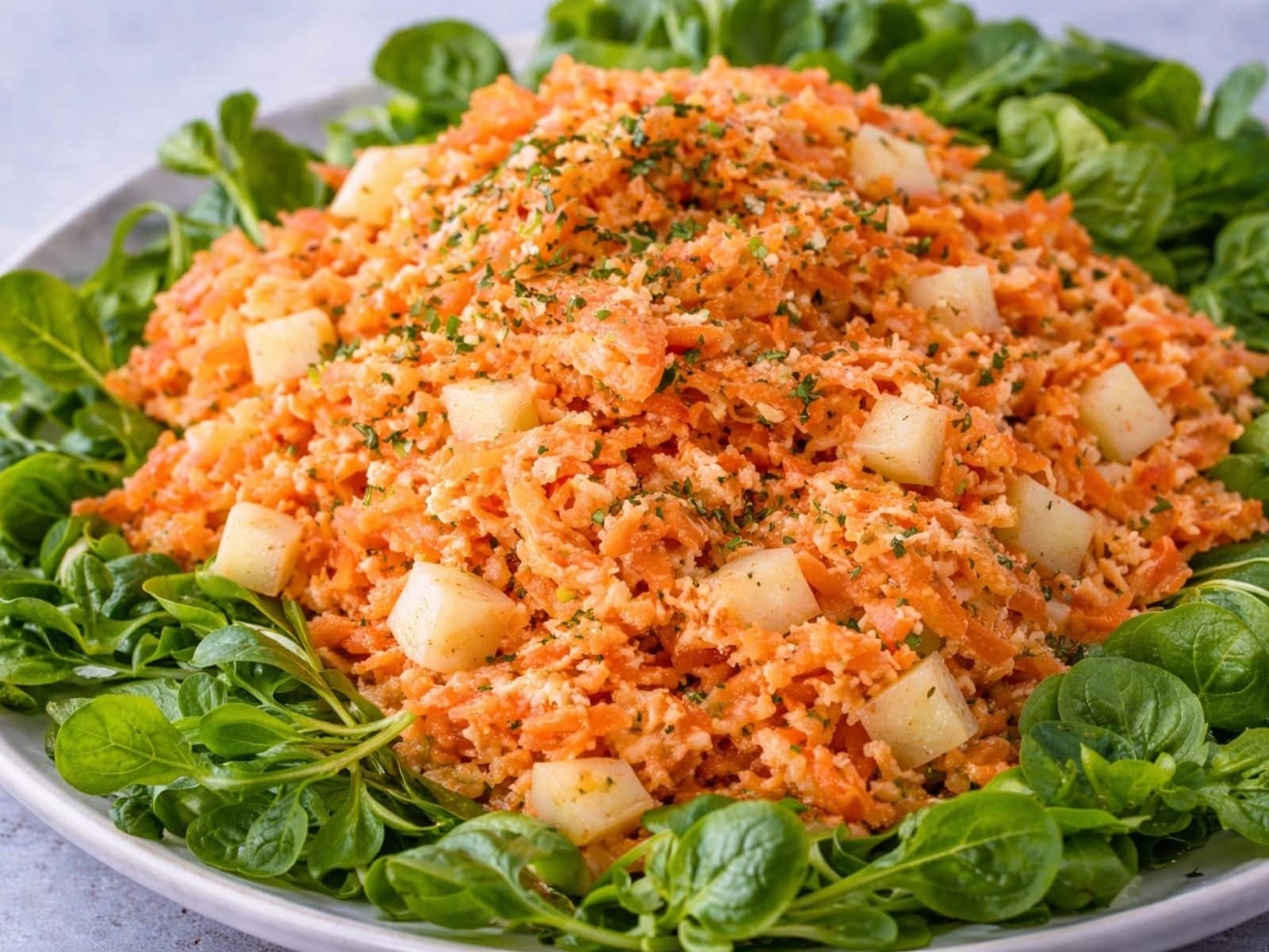 Möhren-Apfel-Salat auf Feldsalat auf einem Teller