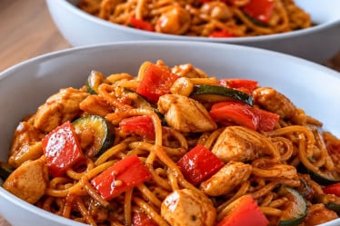 Nudelpfanne mit Gemüse und Hähnchen in Tomaten-Soja-Soße