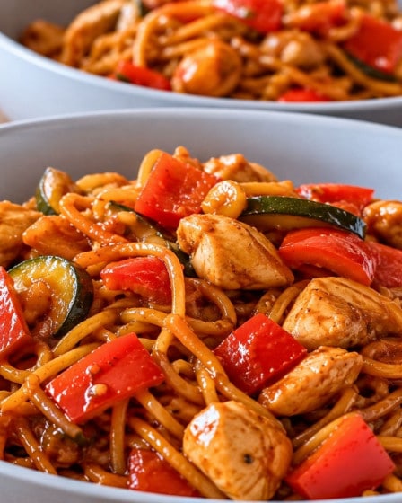 Nudelpfanne mit Gemüse und Hähnchen in Tomaten-Soja-Soße