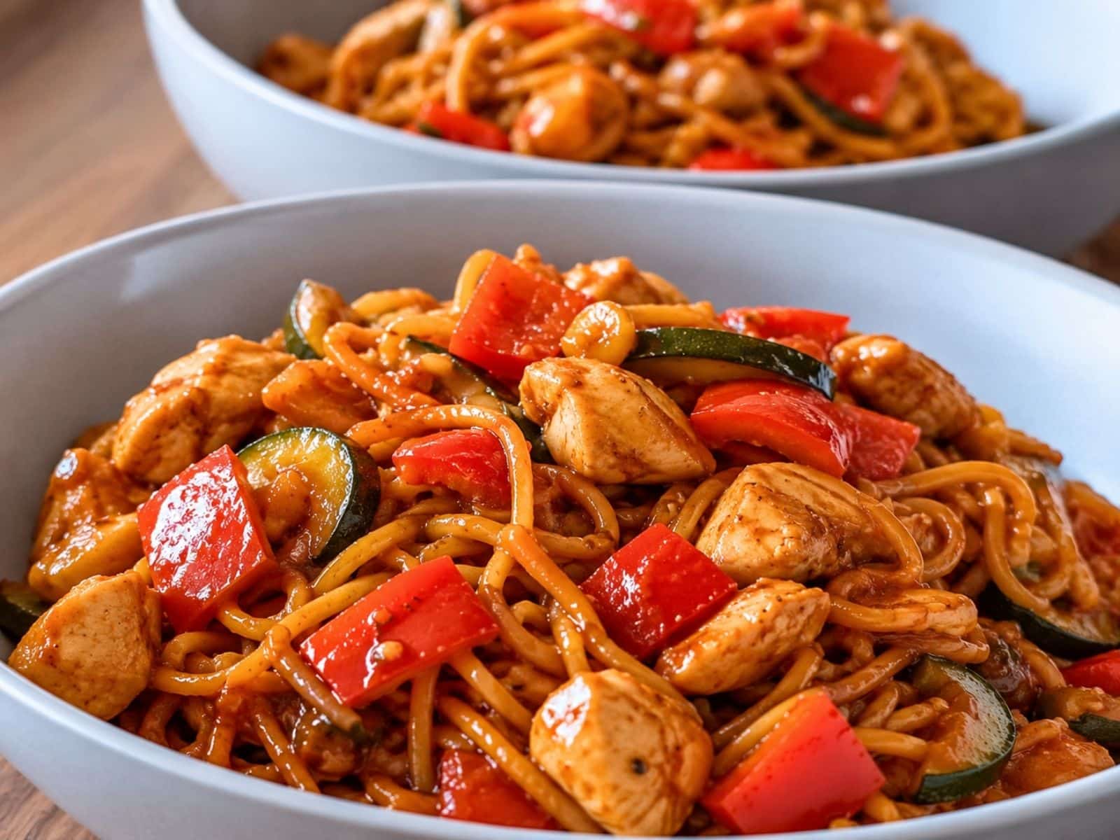 Nudelpfanne mit Gemüse und Hähnchen in Tomaten-Soja-Soße