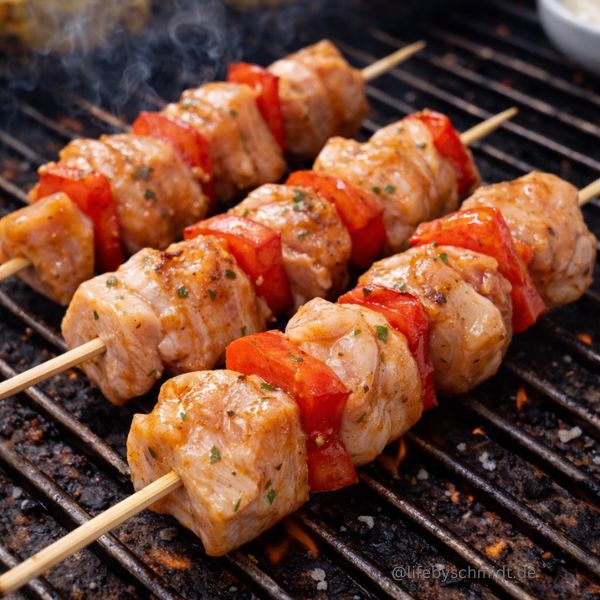 Marinierte Hähnchenspieße mit Paprika auf dem Grill