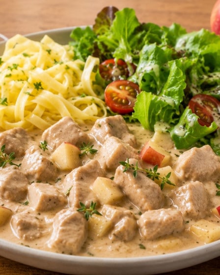 Geschnetzeltes mit Apfel in Weinsoße, Nudeln, Salat auf einem Teller