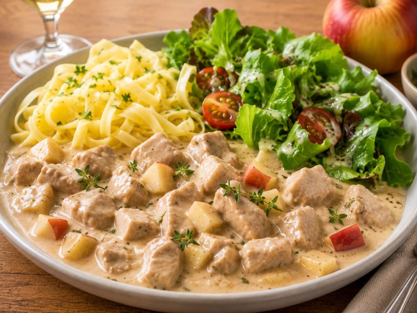 Geschnetzeltes mit Apfel in Weinsoße, Nudeln, Salat auf einem Teller