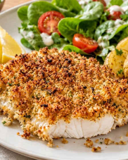 Alaska-Seelachs mit Knusperhaube auf einem Teller angerichtet mit Salat und gebackenen Kartoffelhälften