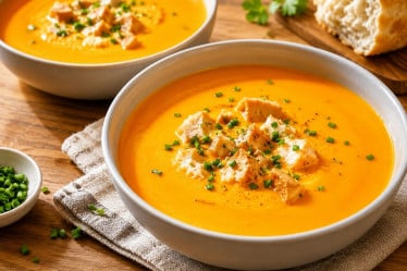Kürbis-Paprika-Suppe mit Lachs-Einlage in einem Teller