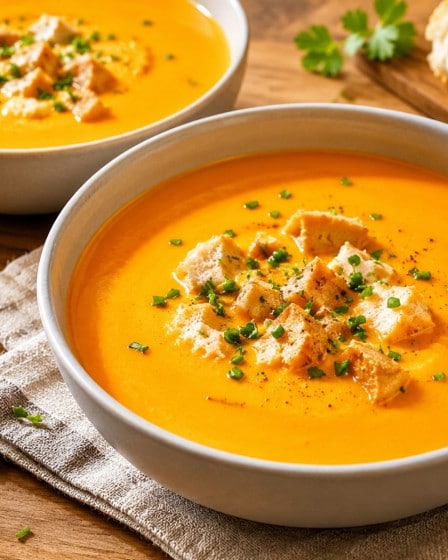 Kürbis-Paprika-Suppe mit Lachs-Einlage in einem Teller