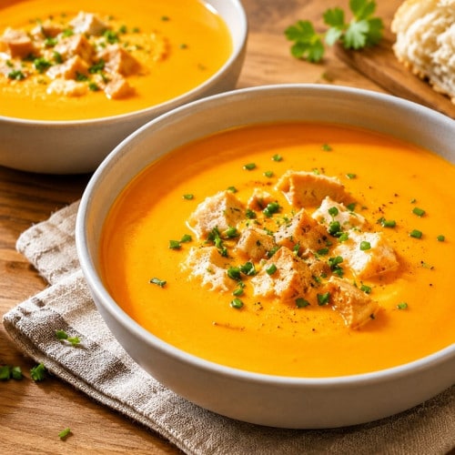 Kürbis-Paprika-Suppe mit Lachs-Einlage in einem Teller