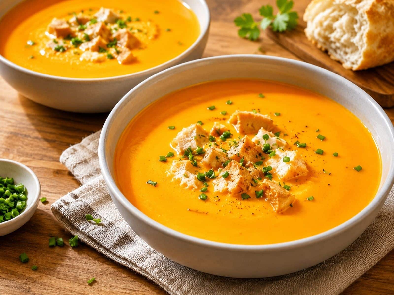 Kürbis-Paprika-Suppe mit Lachs-Einlage in einem Teller