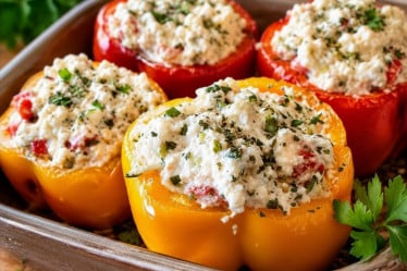 Vegetarisch gefüllte Paprika mit Feta und Reis in Tomatensoße