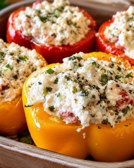Vegetarisch gefüllte Paprika mit Feta und Reis in Tomatensoße