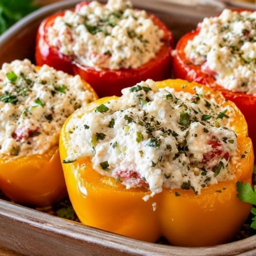 Vegetarisch gefüllte Paprika mit Feta und Reis in Tomatensoße